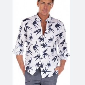 JACK AND JONES White & Blue Printed Leaf Flower Cotton Linen Blend